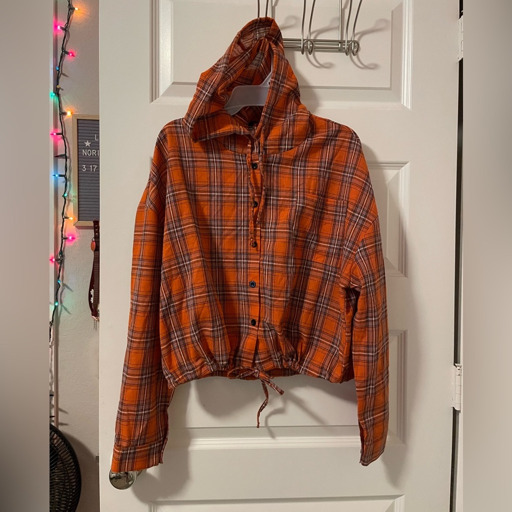 Tartan drawstring hem hooded jacket